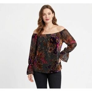 Astars Large Black Multicolor Floral Velvet Burntout Flare Sleeve Top Whimsigoth